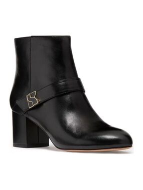 Kate Spade Dakota Zip Black Leather Ankle Boots with Gold Logo Accent